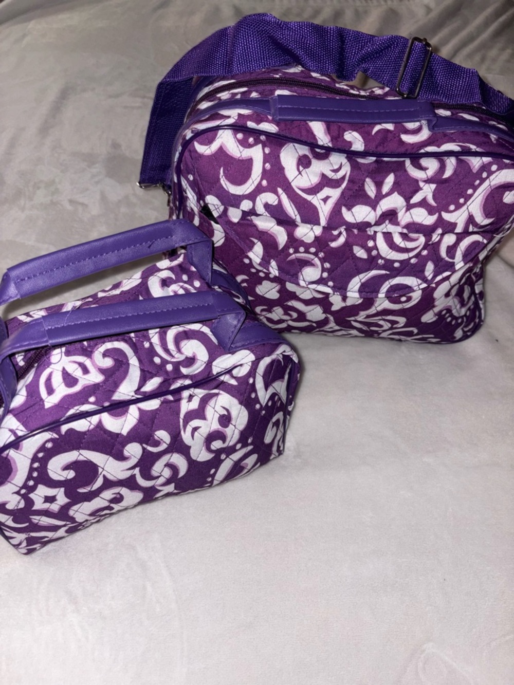 Cute Purple Floral Quilted Crossbody and Cosmetic Bag Travel Set
